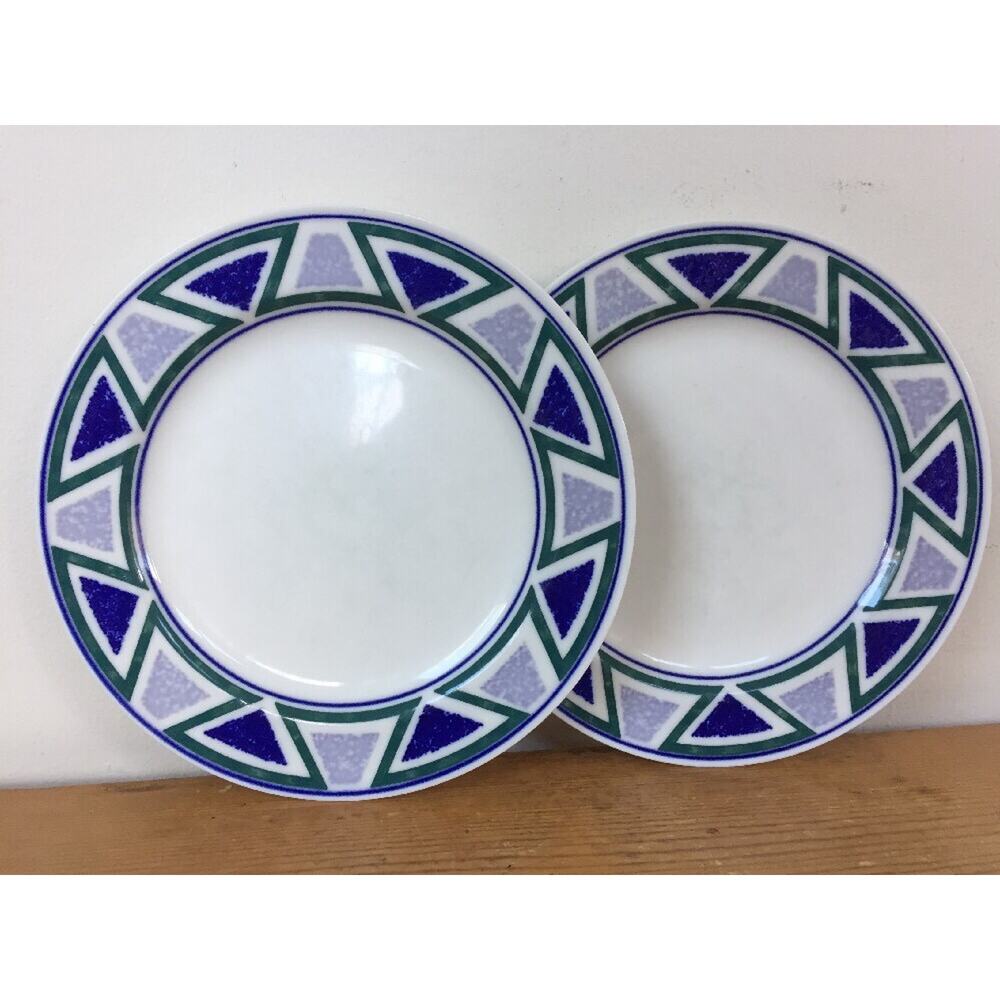 Pair Vtg Mikasa Studio Nova Vista JJP01 Blue Green Triangle Dessert Plates 7.5"